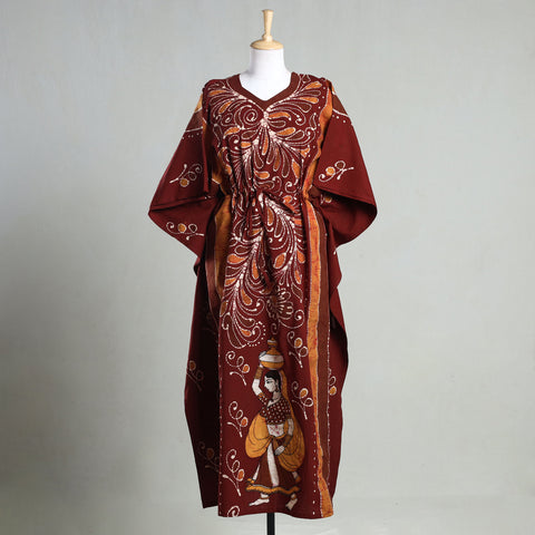 Red - Hand Batik Printed Cotton Kaftan with Tie-Up Waist (Long)