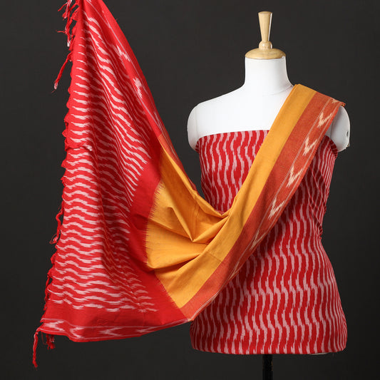 Red - 3pc Pochampally Ikat Weave Handloom Cotton Suit Material Set 51