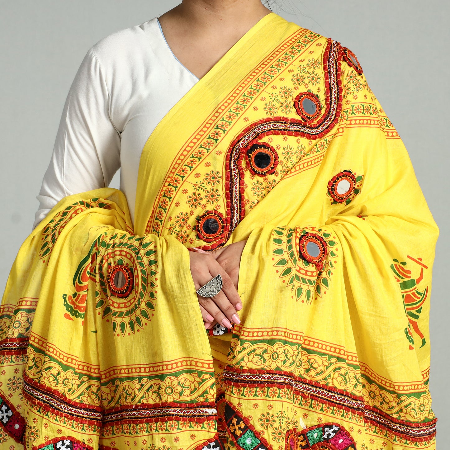 Yellow - Kutch Hand Embroidery Mirror Work Printed Cotton Dupatta 81
