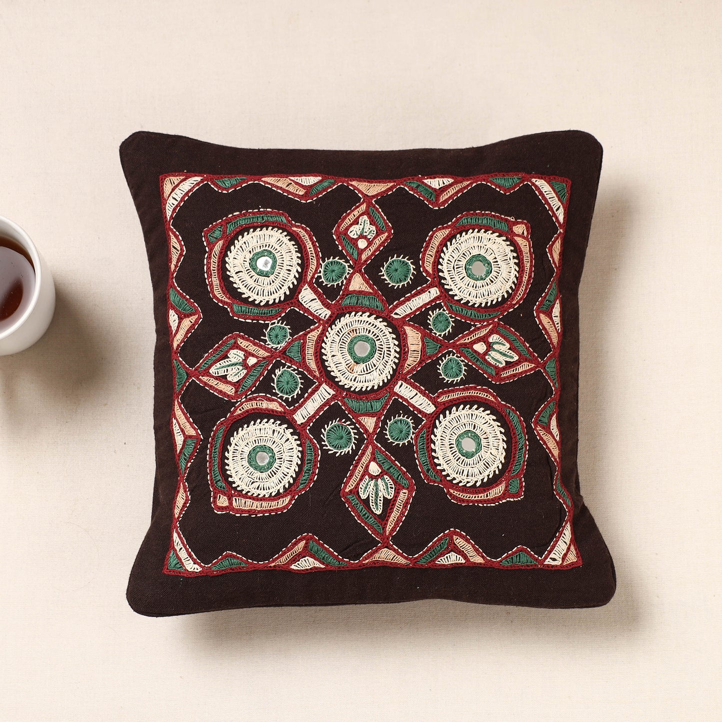 Kala Raksha Pakko Hand Embroidered Pure Cotton Cushion Cover (12 x 12 in)
