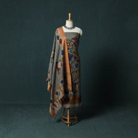Handpainted Srikalahasti Pen Work Kalamkari Natural Dyed Bangalore Silk 2pc Unstitched Dress Material Kurta Set 36