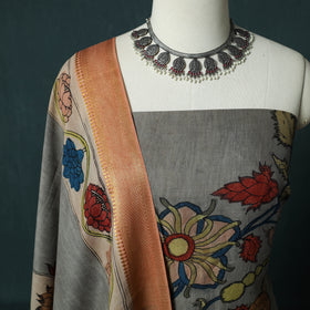 Handpainted Srikalahasti Pen Work Kalamkari Natural Dyed Bangalore Silk 2pc Unstitched Dress Material Kurta Set 36