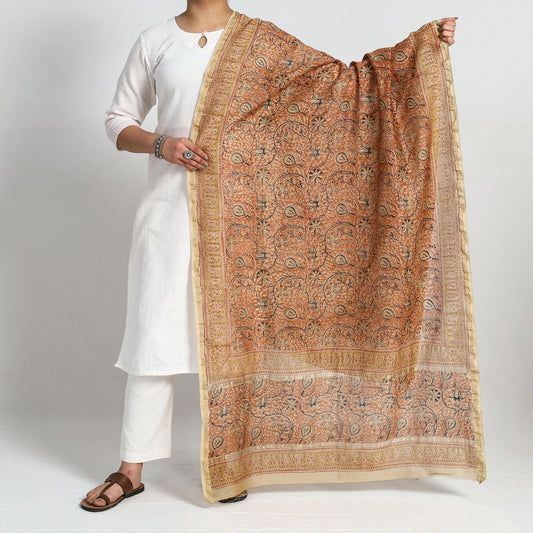Orange - Pedana Kalamkari Block Printed Chanderi Silk Handloom Dupatta with Zari Border