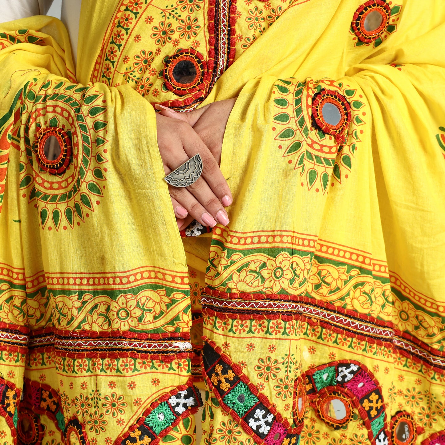 Yellow - Kutch Hand Embroidery Mirror Work Printed Cotton Dupatta 81