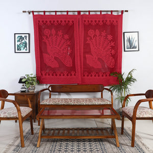 Red - Applique Peacock Cutwork Cotton Window Curtain from Barmer (5 x 3.5 feet) (single piece)