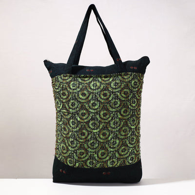 Green - Kantha Work Block Print Cotton Shopping Bag