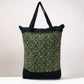 Green Kantha Work Block Print Cotton Shopping Bag