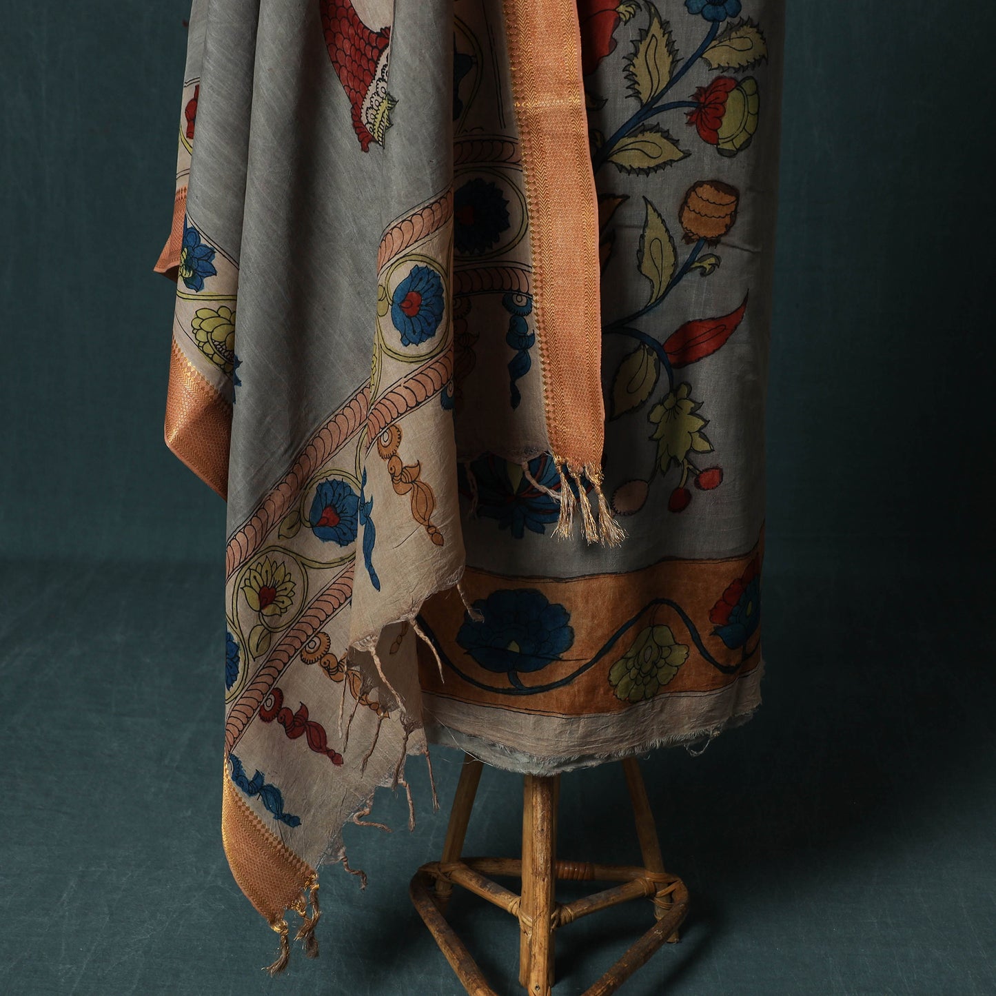 Handpainted Srikalahasti Pen Work Kalamkari Natural Dyed Bangalore Silk 2pc Unstitched Dress Material Kurta Set 36