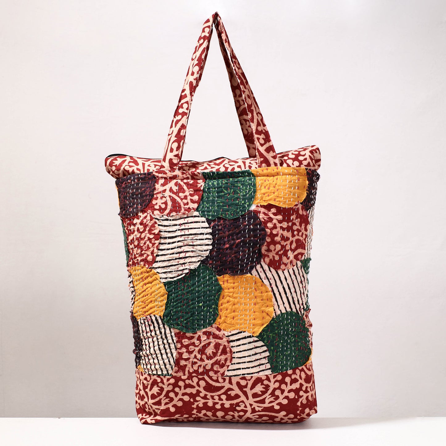 Multicolor - Kantha Work Block Print Cotton Shopping Bag