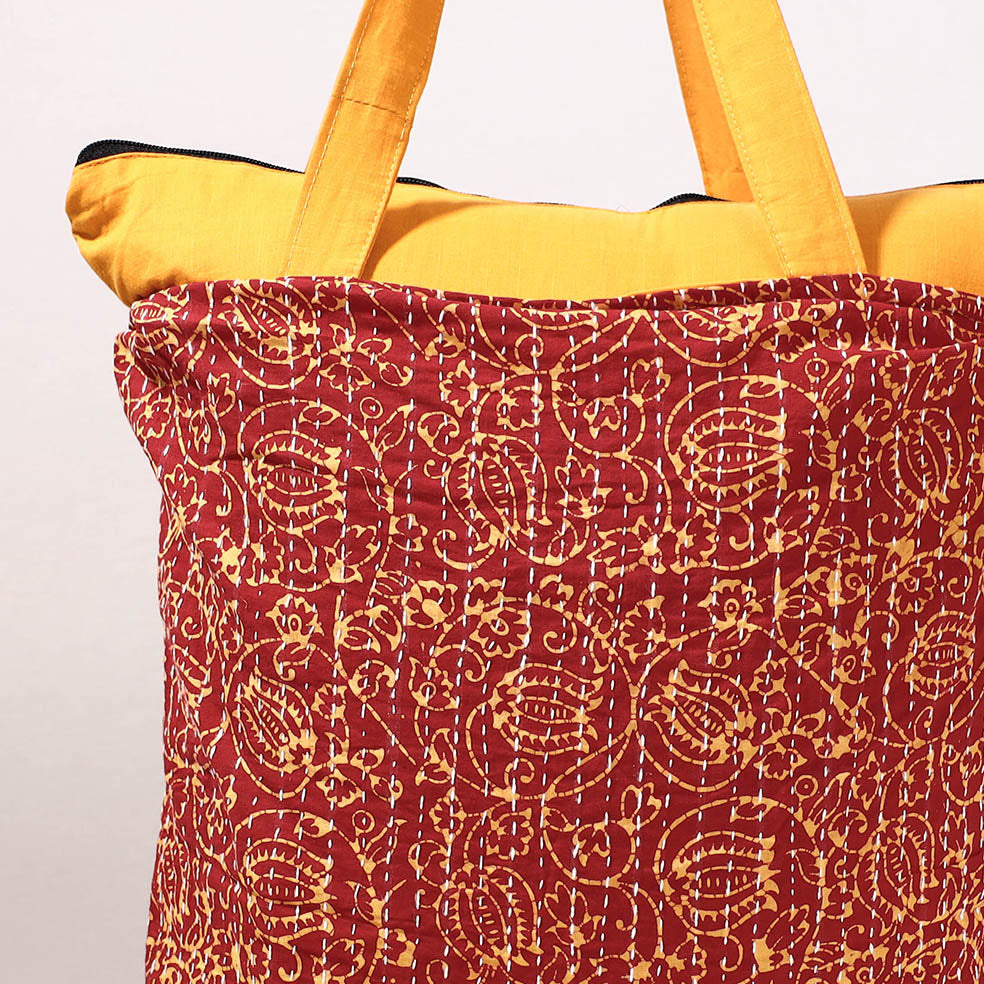 Red - Kantha Work Block Print Cotton Shopping Bag