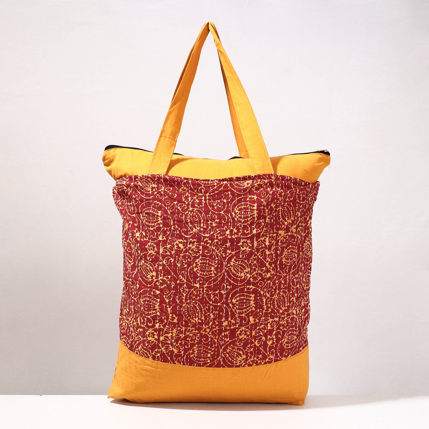 Red - Kantha Work Block Print Cotton Shopping Bag