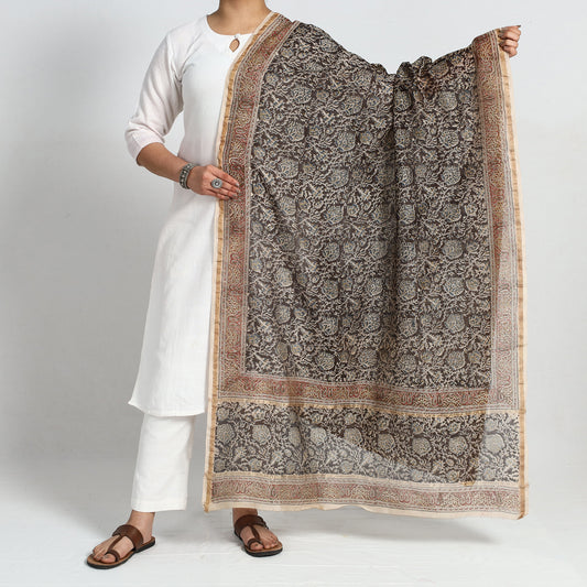 Black - Pedana Kalamkari Block Printed Chanderi Silk Handloom Dupatta with Zari Border