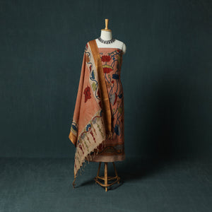 Handpainted Srikalahasti Pen Work Kalamkari Natural Dyed Bangalore Silk 2pc Unstitched Dress Material Kurta Set 37