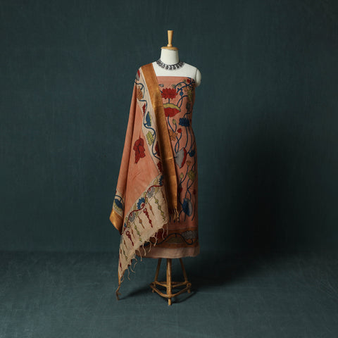 Handpainted Srikalahasti Pen Work Kalamkari Natural Dyed Bangalore Silk 2pc Unstitched Dress Material Kurta Set 37