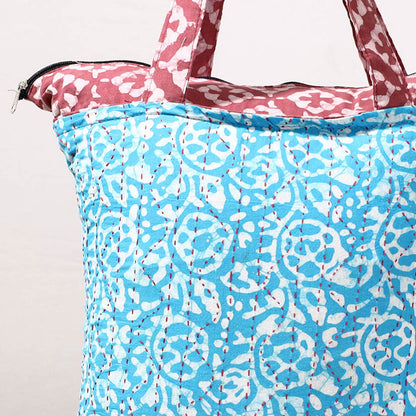 Blue - Kantha Work Block Print Cotton Shopping Bag