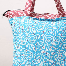 Blue Kantha Work Block Print Cotton Shopping Bag