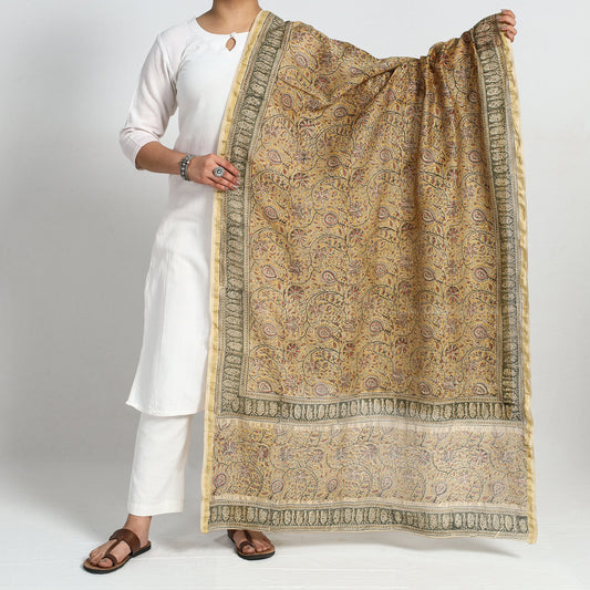 Yellow - Pedana Kalamkari Block Printed Chanderi Silk Handloom Dupatta with Zari Border
