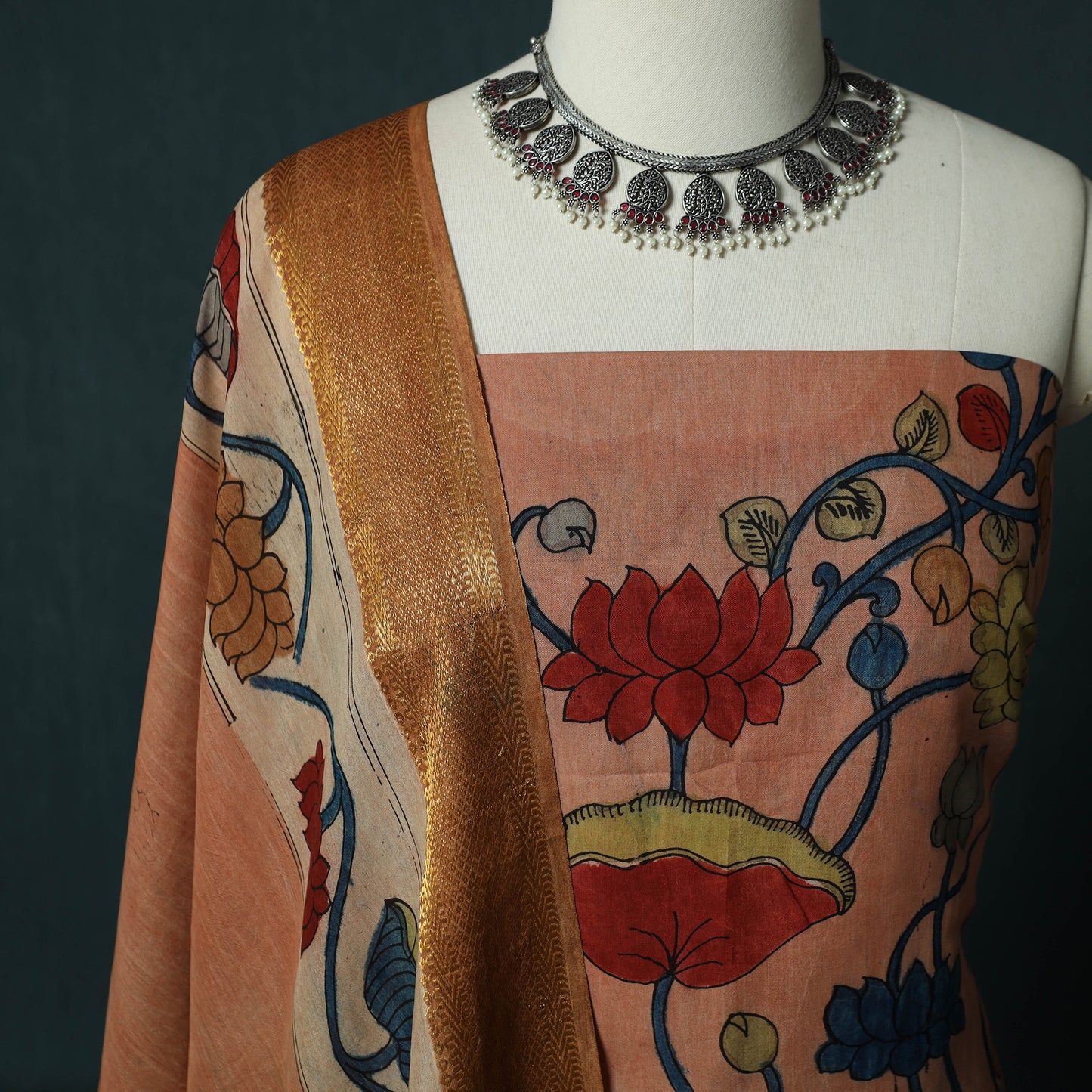 Handpainted Srikalahasti Pen Work Kalamkari Natural Dyed Bangalore Silk 2pc Unstitched Dress Material Kurta Set 37