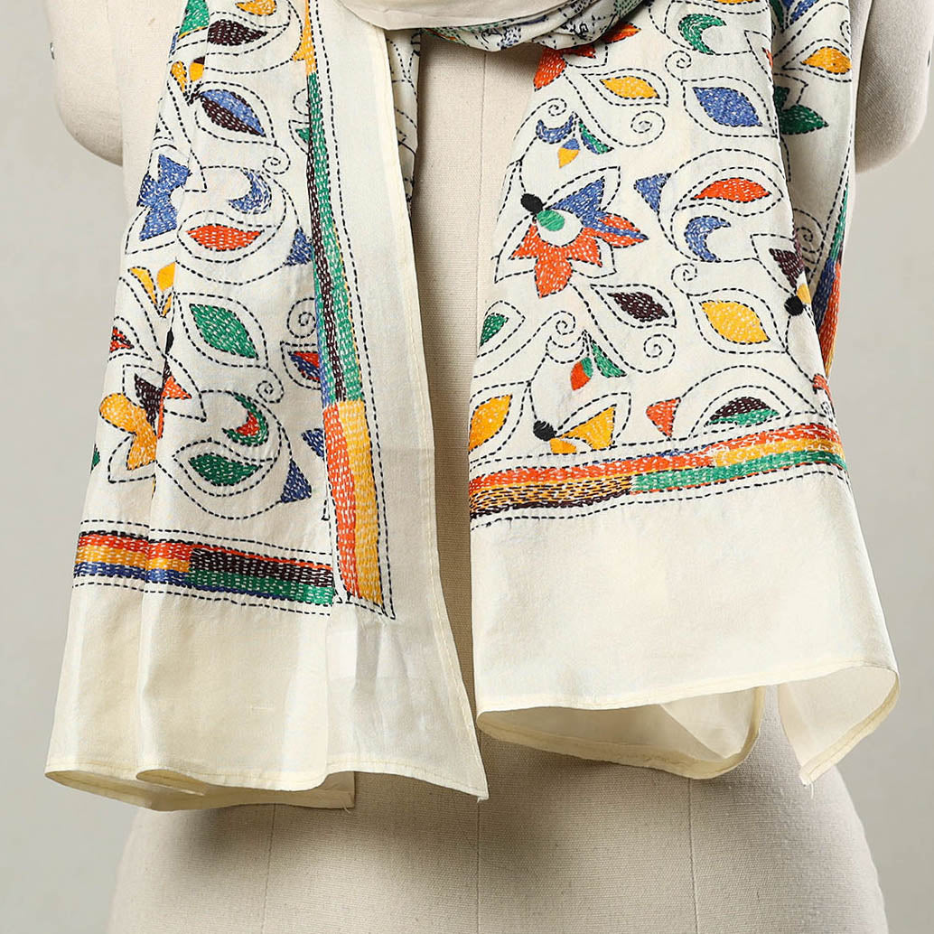 White - Bengal Kantha Embroidery Handloom Tussar Silk Stole 18