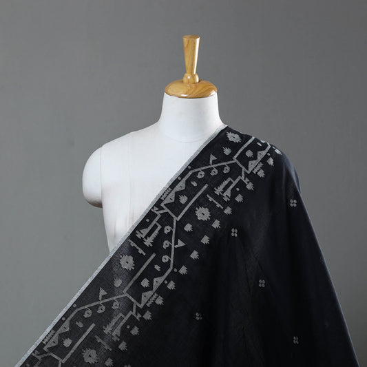 Black - Pure Handloom Cotton Bengal Jamdani Fabric 14