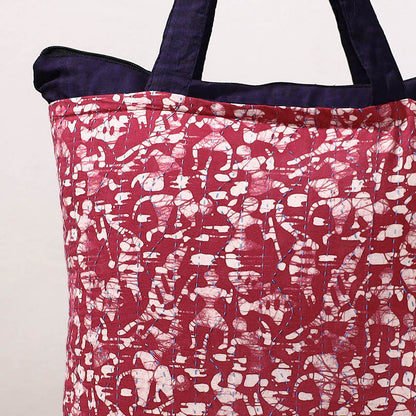 Pink - Kantha Work Block Print Cotton Shopping Bag