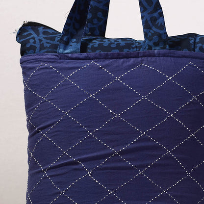 Blue - Kantha Work Block Print Cotton Shopping Bag