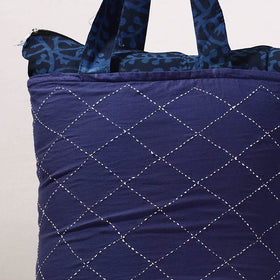 Blue Kantha Work Block Print Cotton Shopping Bag