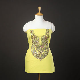  Yellow Kashida Hand Embroidery Cotton Kurta Material
