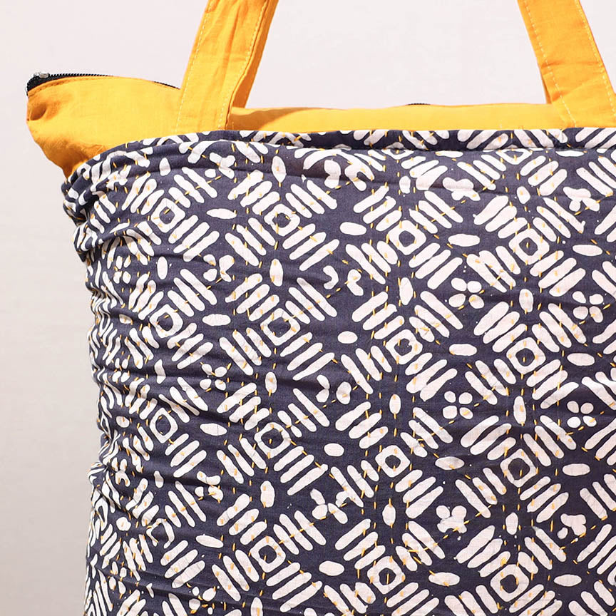 Grey - Kantha Work Block Print Cotton Shopping Bag