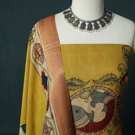 Handpainted Srikalahasti Pen Work Kalamkari Natural Dyed Bangalore Silk 2pc Unstitched Dress Material Kurta Set 38