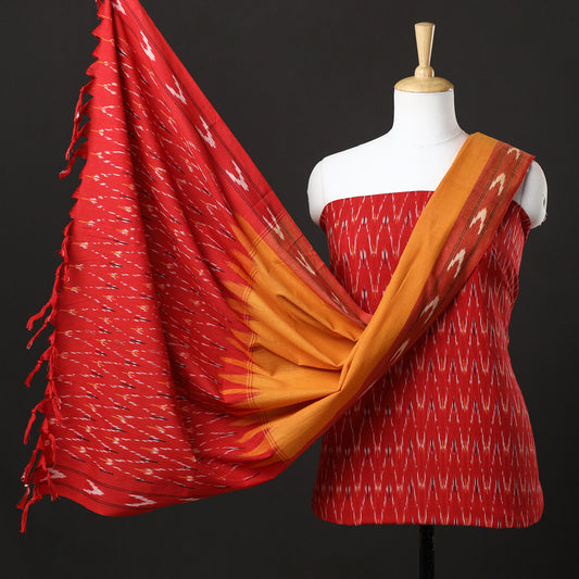 Red - 3pc Pochampally Ikat Weave Handloom Cotton Suit Material Set 58