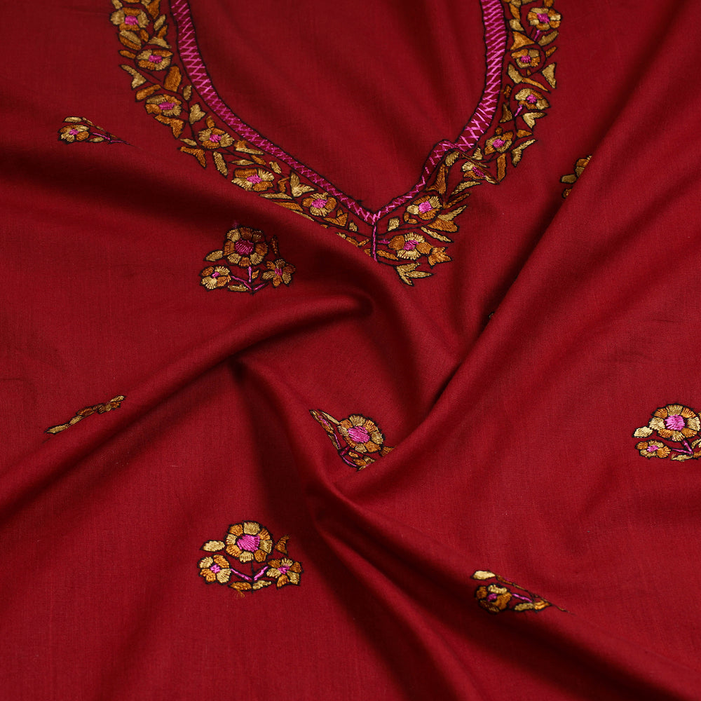 Red - Kashida Hand Embroidery Cotton Kurta Material (2.4m) 21