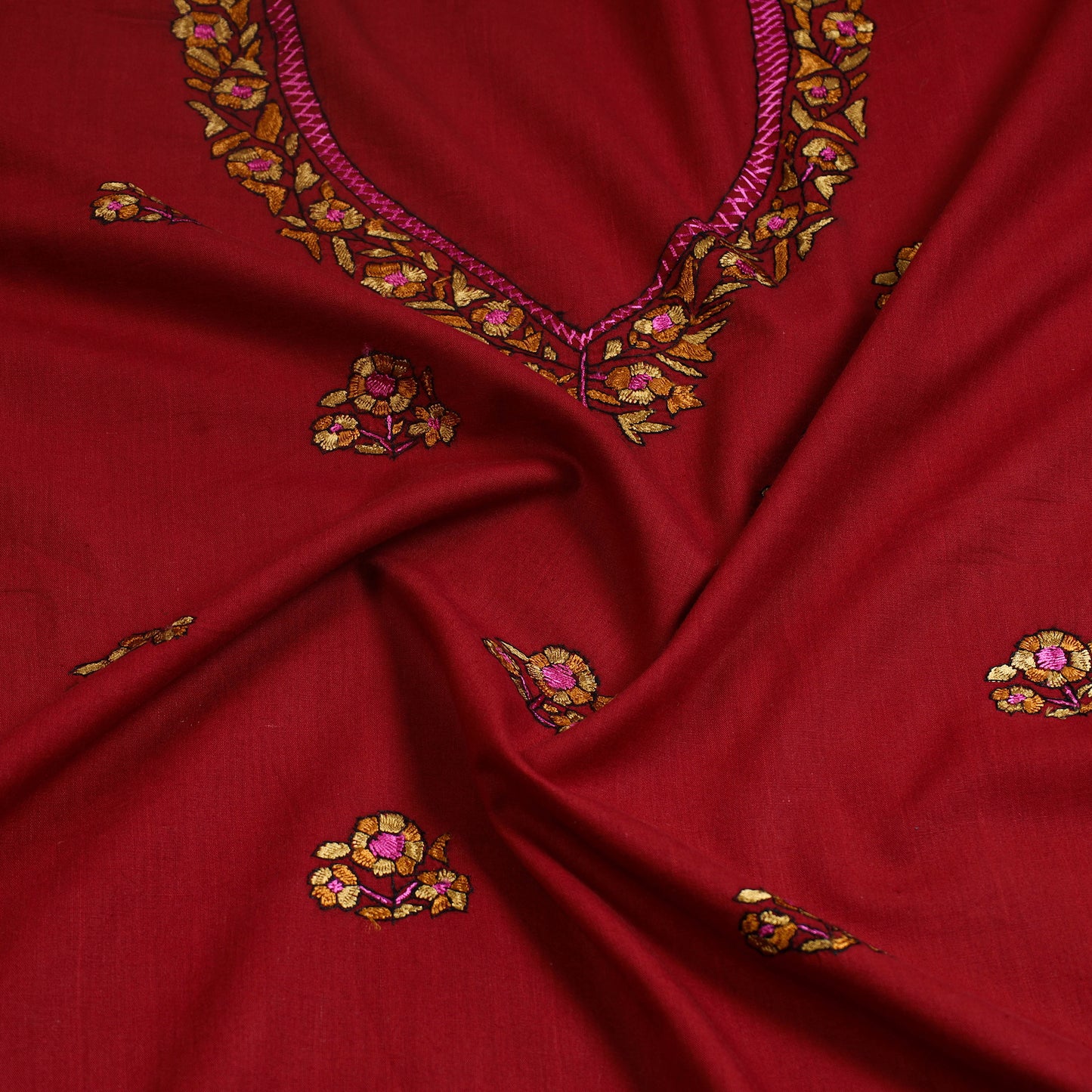 Red - Kashida Hand Embroidery Cotton Kurta Material (2.4m) 21