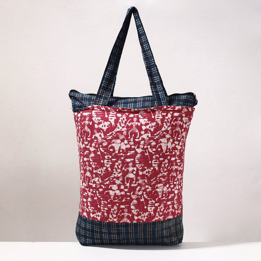 Pink - Kantha Work Block Print Cotton Shopping Bag