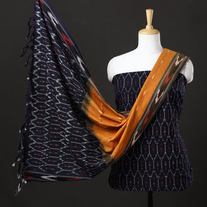 Blue - 3pc Pochampally Ikat Weave Handloom Cotton Suit Material Set 61