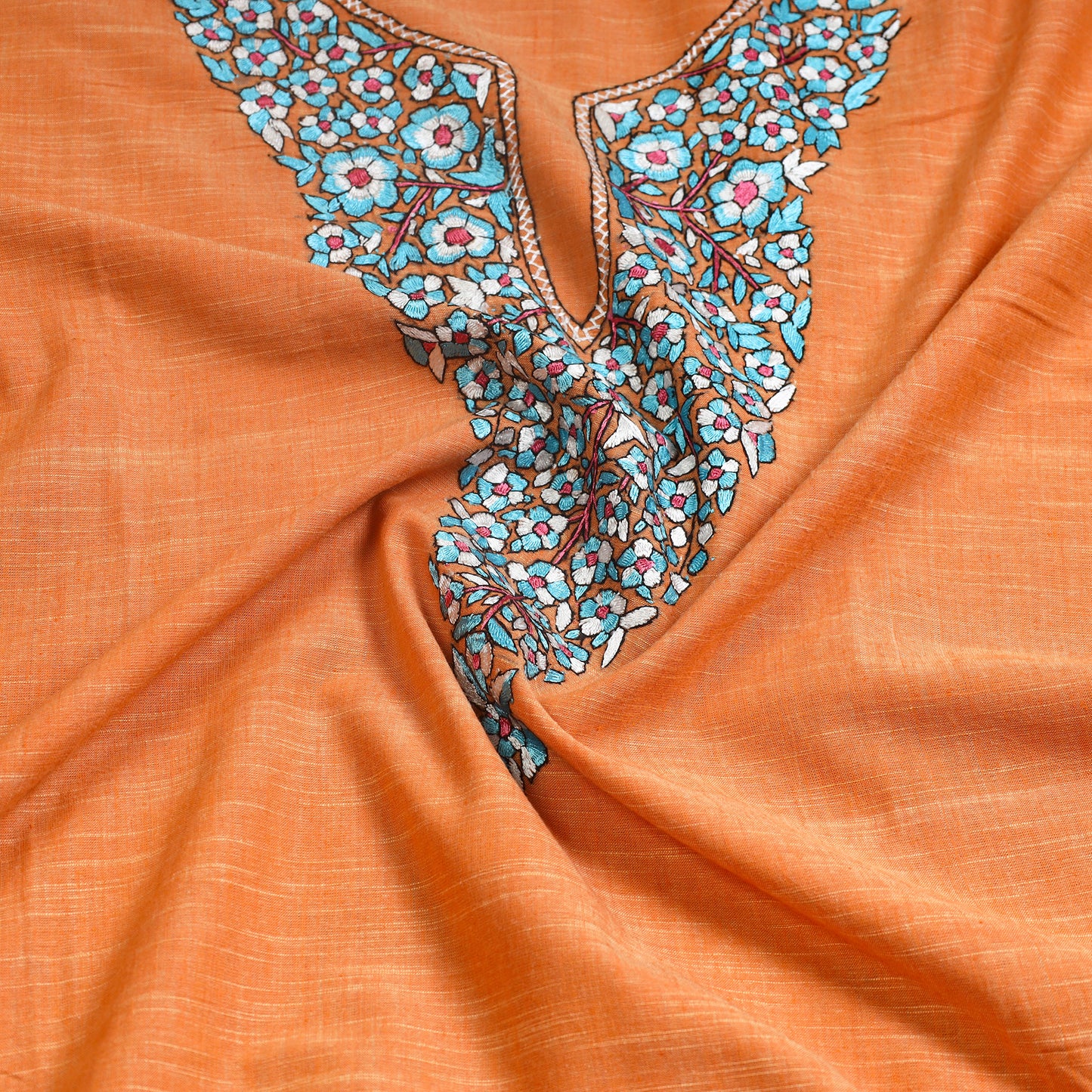 Orange - Kashida Hand Embroidery Cotton Kurta Material (2.5m) 22