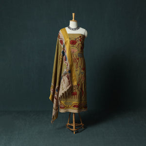 Handpainted Srikalahasti Pen Work Kalamkari Natural Dyed Bangalore Silk 2pc Unstitched Dress Material Kurta Set 39