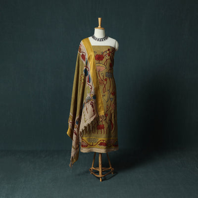 Handpainted Srikalahasti Pen Work Kalamkari Natural Dyed Bangalore Silk 2pc Unstitched Dress Material Kurta Set 39