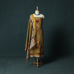 Handpainted Srikalahasti Pen Work Kalamkari Natural Dyed Bangalore Silk 2pc Unstitched Dress Material Kurta Set 39