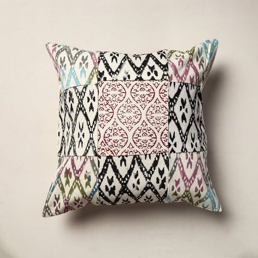 Jaipur Block Printed Patchwork Canvas Cotton Cushion Cover (16 x 16 in)