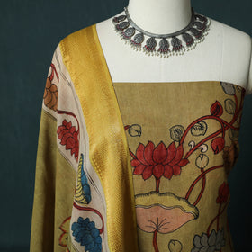 Handpainted Srikalahasti Pen Work Kalamkari Natural Dyed Bangalore Silk 2pc Unstitched Dress Material Kurta Set 39