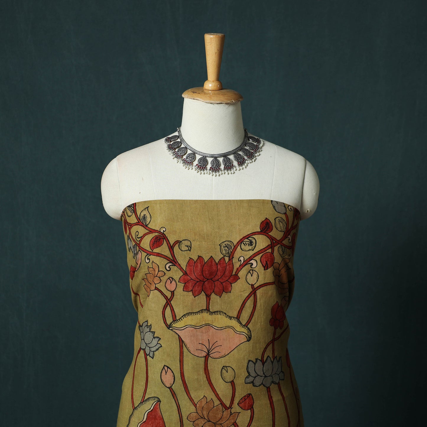 Handpainted Srikalahasti Pen Work Kalamkari Natural Dyed Bangalore Silk 2pc Unstitched Dress Material Kurta Set 39