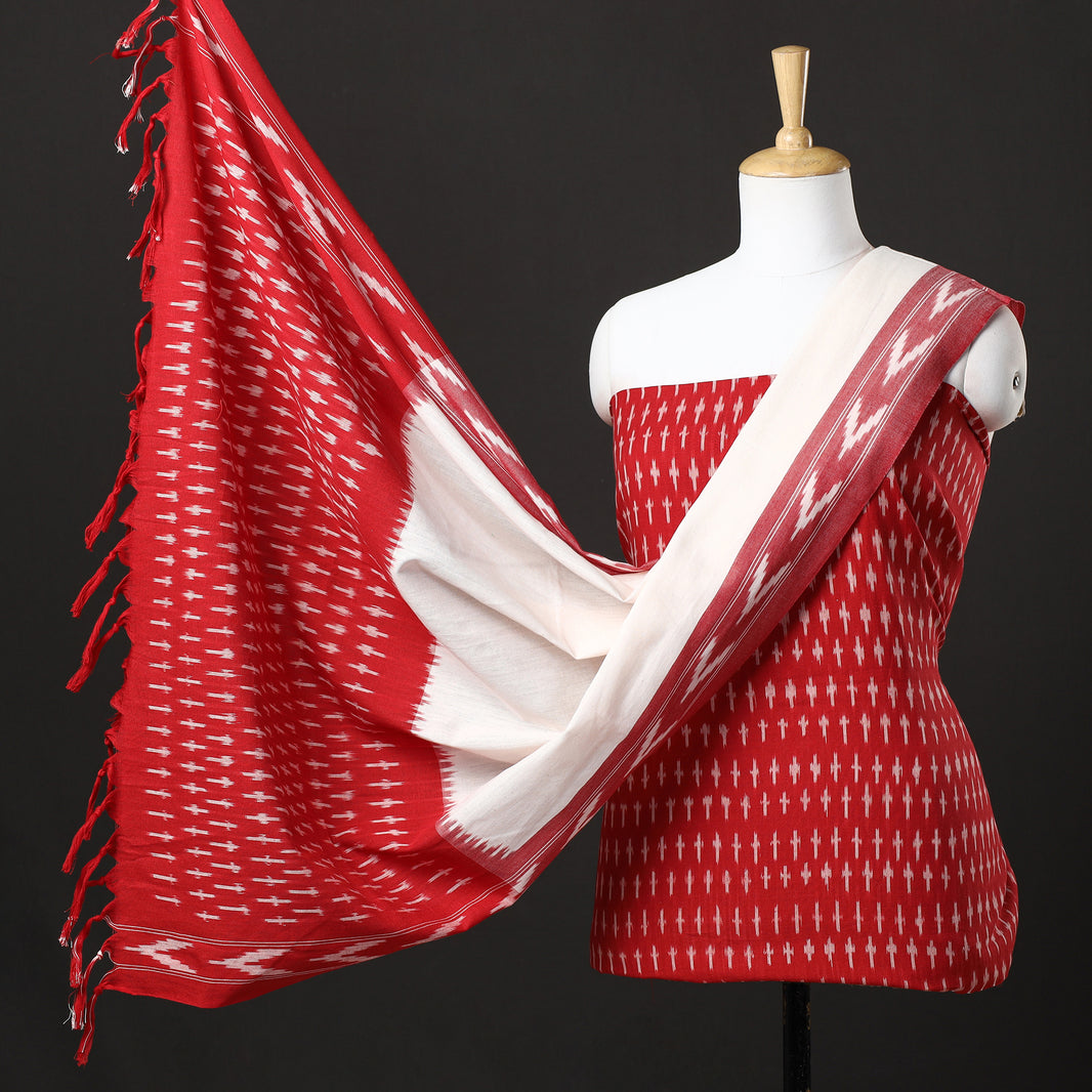 Red and Off-White Pochampally Ikkat Handloom Cotton Dress Material