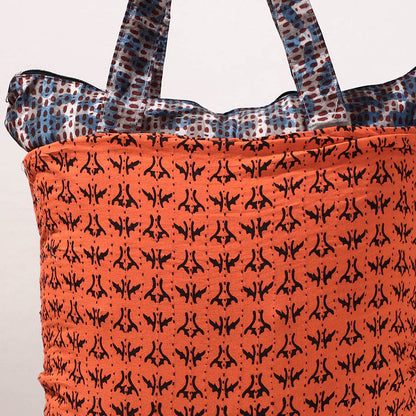 Orange - Kantha Work Block Print Cotton Shopping Bag