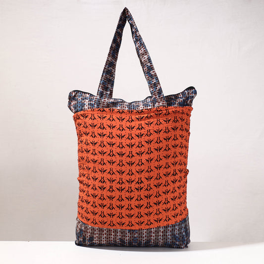 Orange - Kantha Work Block Print Cotton Shopping Bag