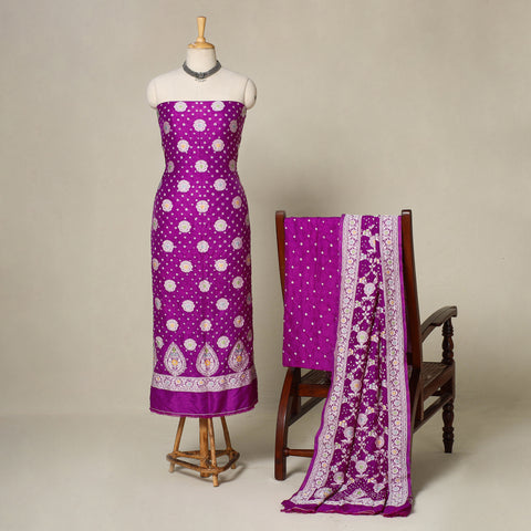 Purple - 3pc Dupion Silk Unstitched Kutch Bandhani Dress Material 08