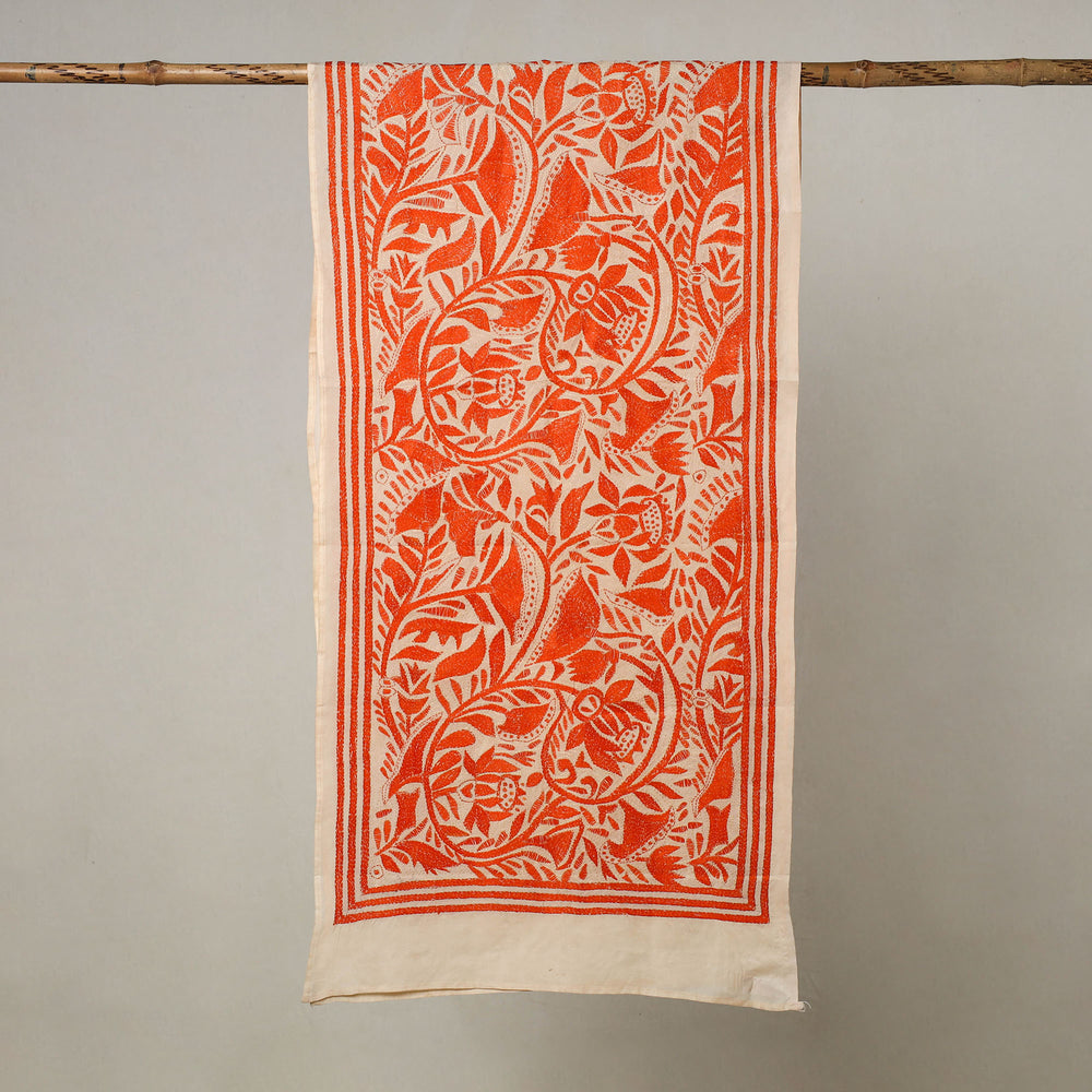 Orange - Bengal Kantha Embroidery Handloom Tussar Silk Stole 04