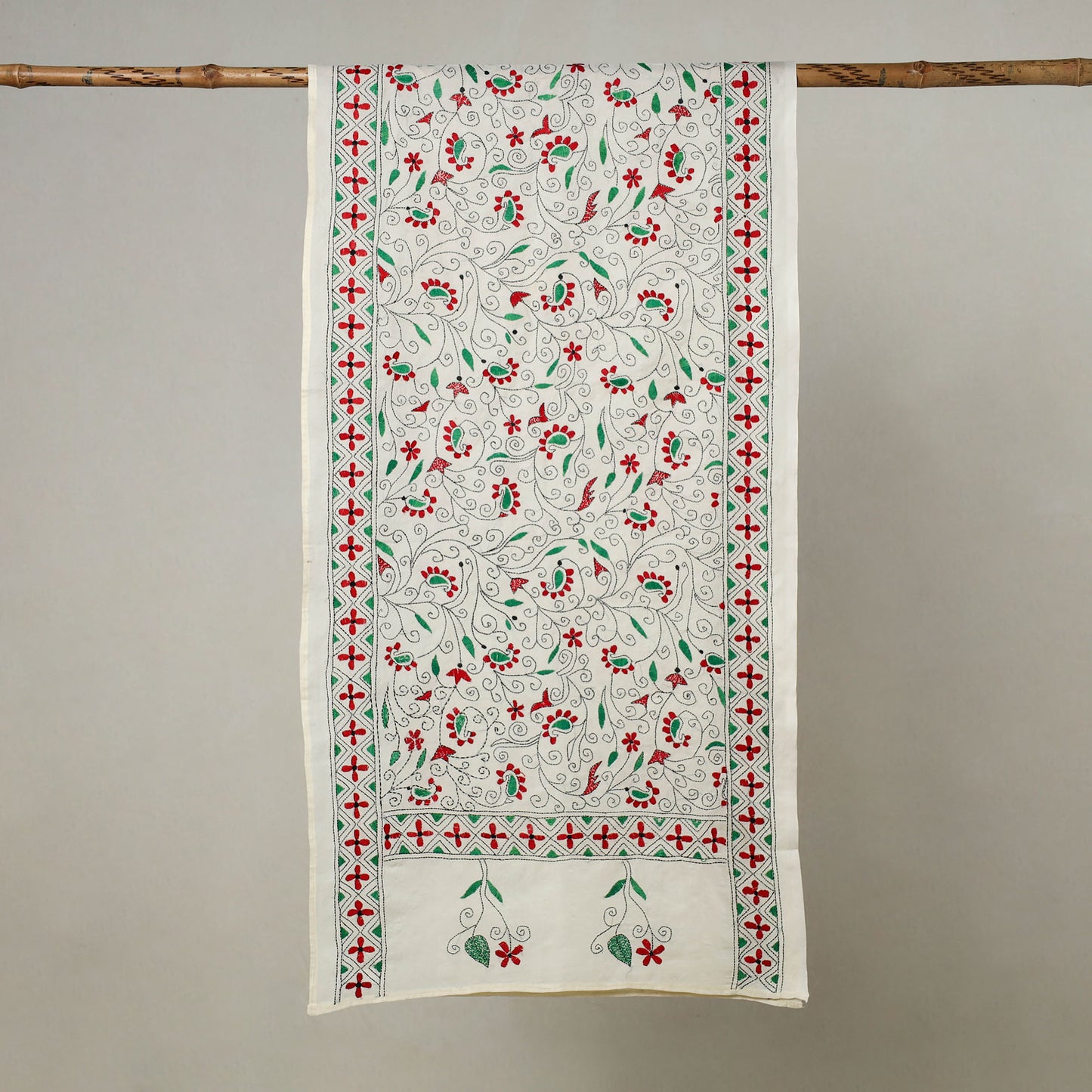 White - Bengal Kantha Embroidery Handloom Tussar Silk Stole 06