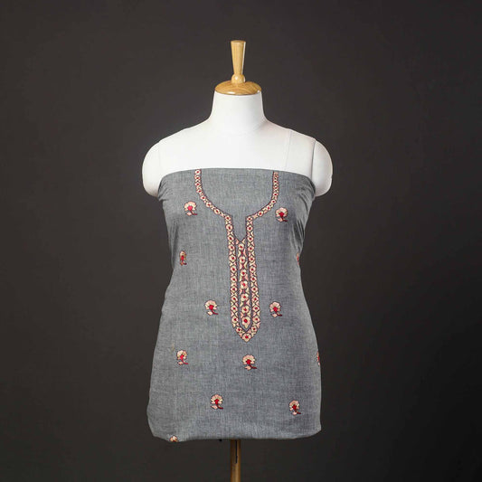 Grey - Kashida Hand Embroidery Cotton Kurta Material (2.9m) 27