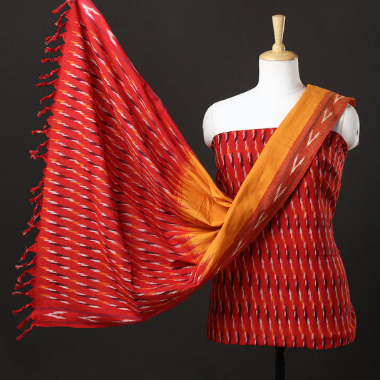 Red - 3pc Pochampally Ikat Weave Handloom Cotton Suit Material Set 65